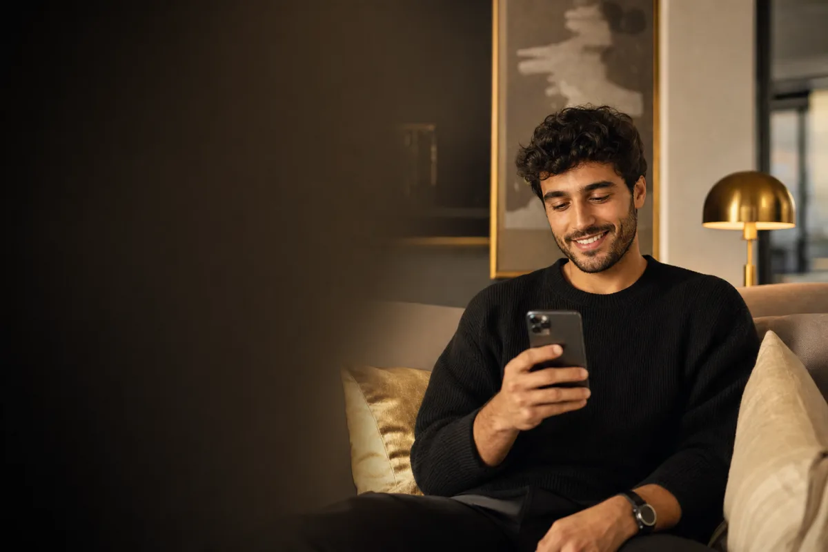 Confident man reviewing dating app matches on a phone in a warm evening setting